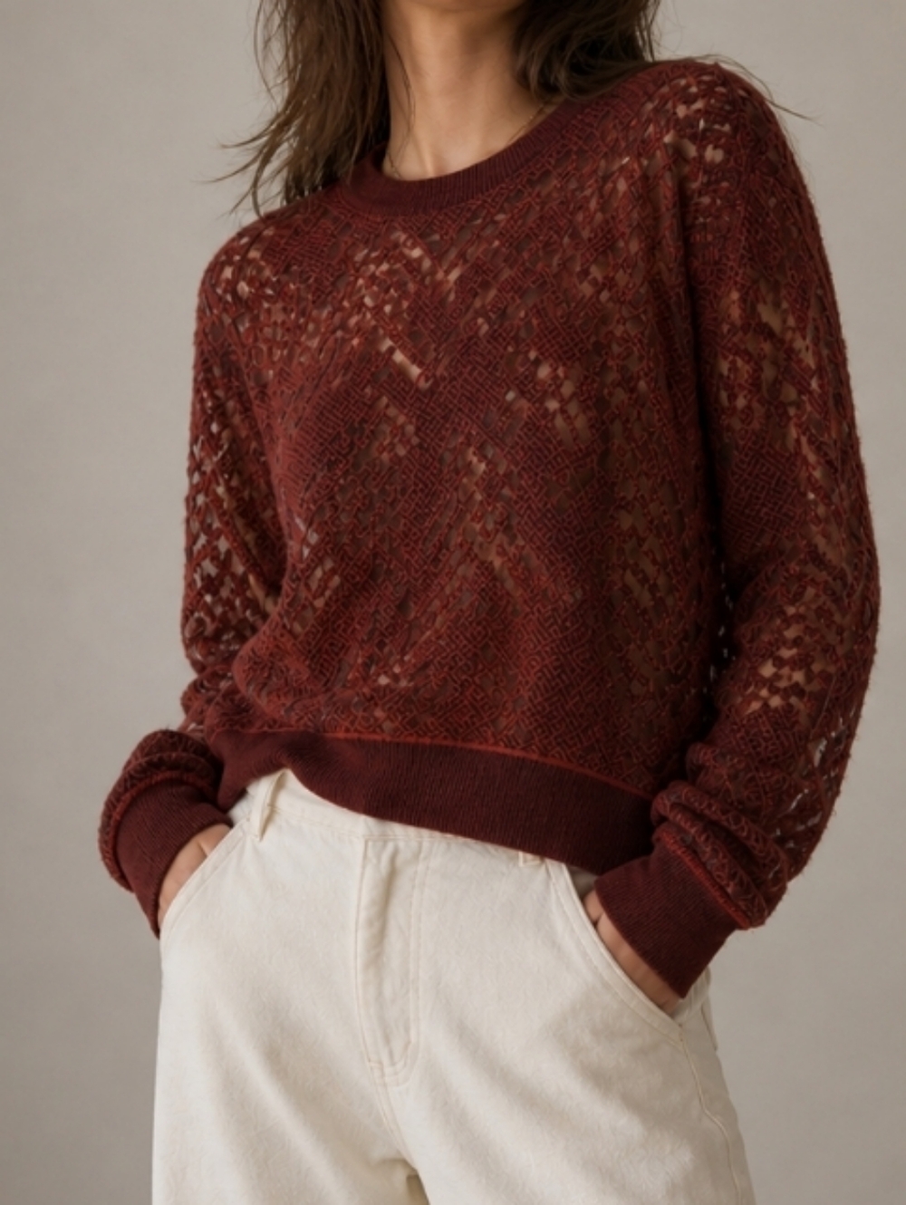 Alexander Wang Sheer Lace Knit Sweater Burgundy Small Merino Wool